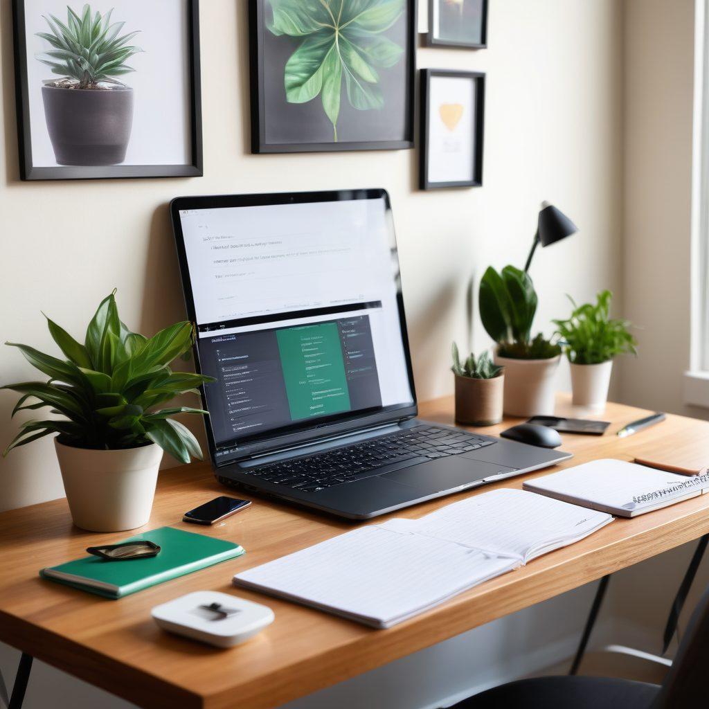 A modern home office scene featuring a sleek computer setup with multiple productivity apps displayed on the screen. The desk is clutter-free with stylish organizers, a vibrant houseplant, and a motivational quote on the wall. Soft ambient lighting creates a warm atmosphere, suggesting enhanced focus and creativity. Include a cup of coffee and a notepad with a pencil to symbolize brainstorming. super-realistic. vibrant colors. cozy atmosphere.