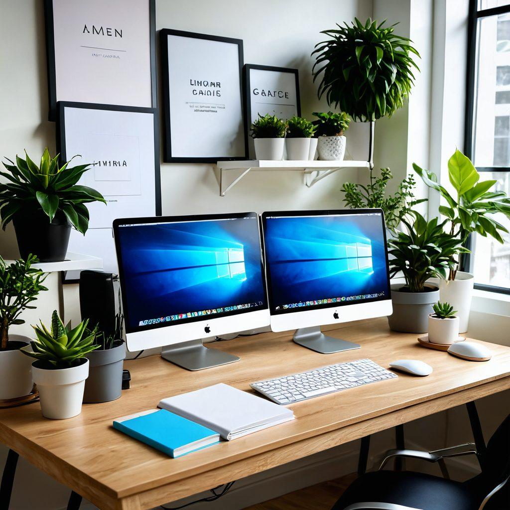 A sleek, modern desktop setup featuring a laptop, multiple monitors displaying productivity apps, ergonomic keyboard, and various tech gadgets like a smart speaker and wireless headphones. Bright, organized workspace with houseplants and ambient lighting creating a motivating atmosphere. Include elements like a coffee cup and notebooks to suggest creativity and brainstorming. super-realistic. vibrant colors. white background.