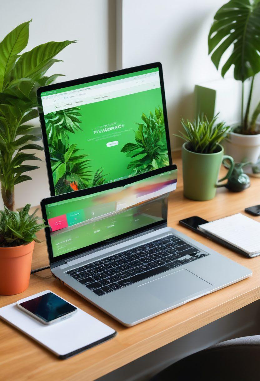 An artistic representation of a modern workspace featuring a sleek laptop, a tablet, and a smartphone, surrounded by various essential software icons like cloud storage, productivity tools, and communication apps. The background is a bright, organized desk with plants and motivational quotes, symbolizing a seamless digital lifestyle. The scene is infused with vibrant colors and a tech-savvy ambiance. super-realistic. vibrant colors. clean layout.